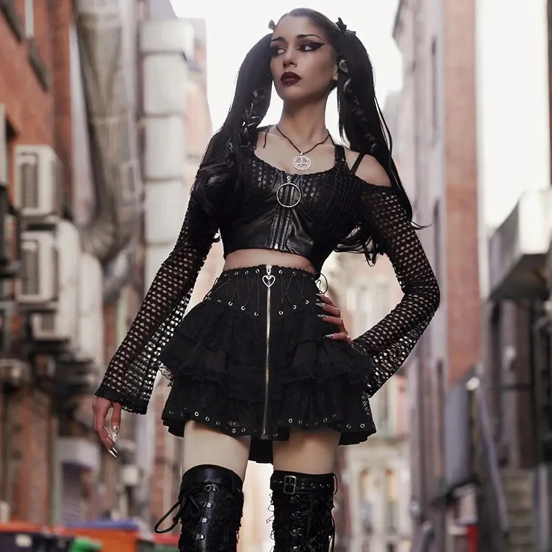 Zipper Front Womens Punk Vintage High Wasit Skirt Japanese Style Kawaii Black Harajuku Gothic Skater Cosplay Mini Skirts 250211