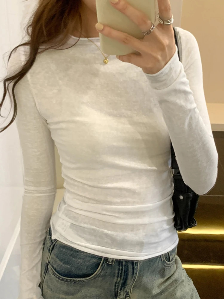 Spring Autumn T shirt Women Tops Solid Long Sleeve Ruched O Neck Tshirts Female Korean Casual Streetwear High Quality Base Tees 250217