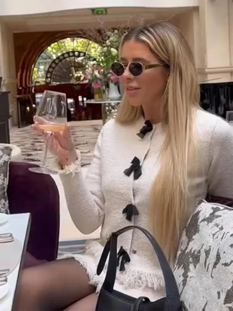 Elegant Tassel Skirts Suit Women Bow Oneck Long Sleeve Coats Mini Skirt Two Pieces Set Winter In Matching Outfits 250214