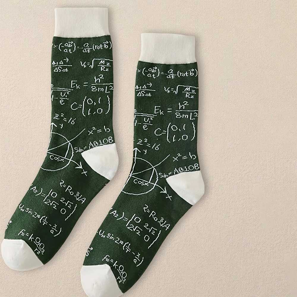 Pair Men Mathematical Letter Pattern Round Neck Socks Casual Fashionable Creative Breathable Comfortable Mid Length Socks W250217