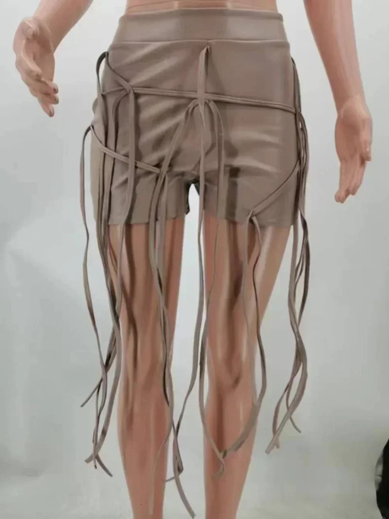 KEXU Sexy PU Leather Rope Tassle Decoration Bodycon Shorts Streetwear Fashion Clothes Club High Waist Women 250213
