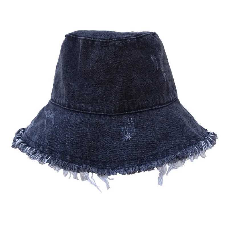 New Summer Unisex Tassel Washed Denim Bucket Hats Fashion for Women Wide Brim Foldable Panama Cap Outdoor Beach Fishermans Hat W250217