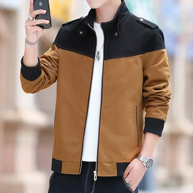Pure Cotton Jacket Spring Mens Casual Color Blocking Zipper Stand Up Collar Coat Outdoor Fashion Versatile Baseball Clothing 250212