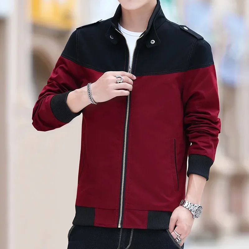 Pure Cotton Jacket Spring Mens Casual Color Blocking Zipper Stand Up Collar Coat Outdoor Fashion Versatile Baseball Clothing 250212