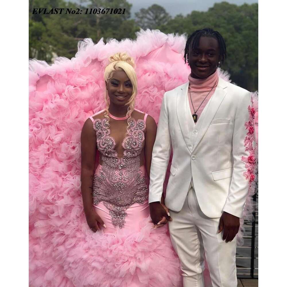 Customized EVLAST African Blush Pink Mermaid Prom Dress For Black Girls Crystal Beaded Ruffles Formal Party Evening Gown E P mal