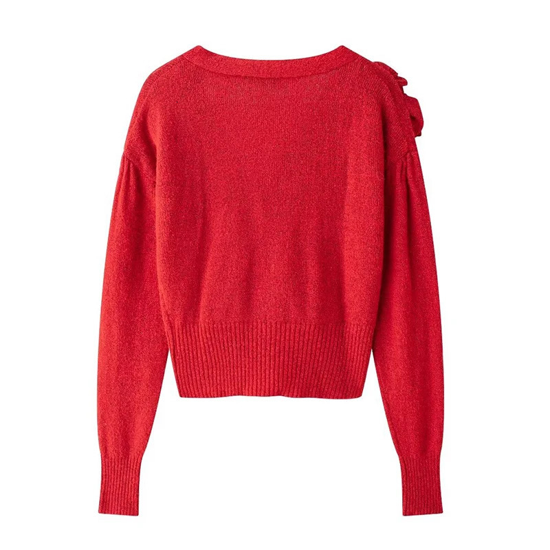 Willshela Women Fashion With Floral Red Pleated Single Breasted Knitted Sweater Vintage VNeck Long Sleeves Female Chic Outfits 250211