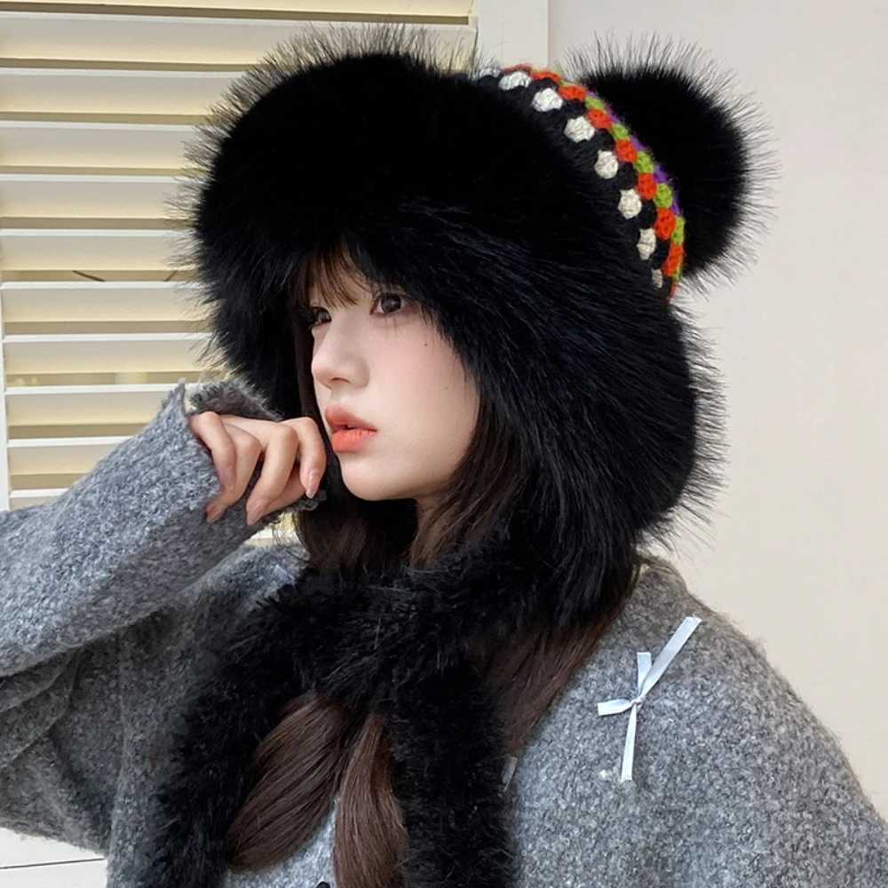 New Russian Hat Thick Warm Fluffy Fur Hat Womens Large Pom Beanie Womens Knitted Snow Ski Hat Ear Flaps Knitted Hat W250217