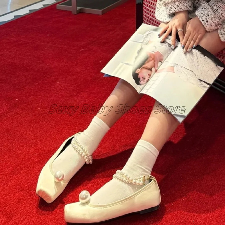 Fairy style Pearl Mary Jane Single Shoes for Women 2025 Fashionable Sweet Square Ballet Shoes 250214