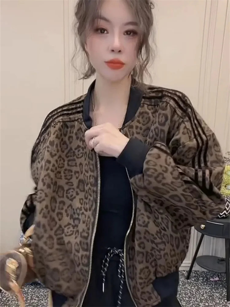 European Leopard Print Cardigan Outwear Womens Spring and Autumn Short Loose Casual Jacket Stylish Baseball Top Coat 250213