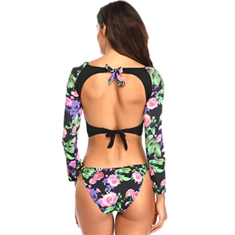 Women Long Sleeve Crop Top Two Piece Cheeky High Cut Thong Bikini Swimsuit Floral Rash Guard Bathing Suit