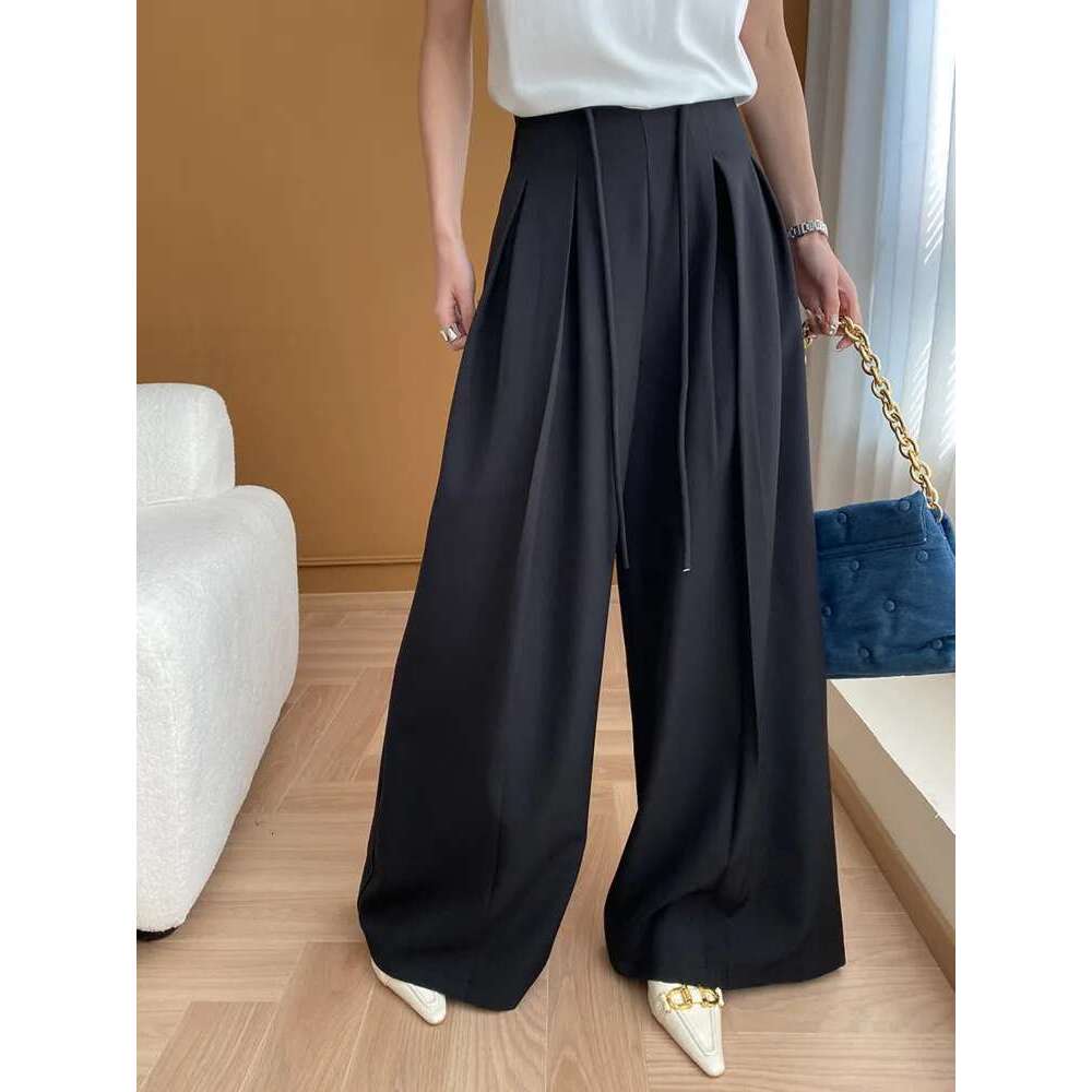 2025 Spring Fashion Drawstring Suits Pants For Women High Waist Pleasted Wide Leg Trousers Office Lady Clothes