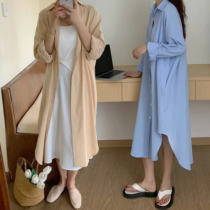 Womens White Shirt Dress Oversized Casual Cotton Loose Dress Long Sleeve Button Blue Midi Long Top 250213