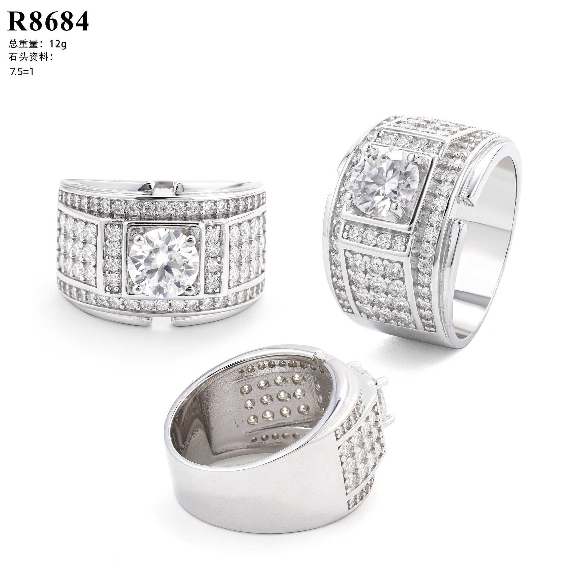 New 1.5ct domineering mens moissanite ring hip-hop rap S925 silver studded diamond ring