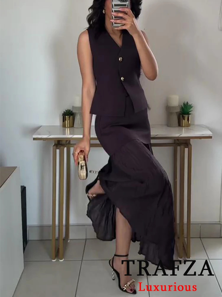 TRAFZA Vintage Chic Women Knitted Suit VNeck Sleeveless Single Breasted Top Straight Long Spliced Skirt Fashion Spring 250214
