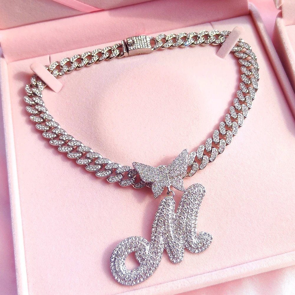 Iced Out Cuban Link Chain Butterfly Letter Necklace for Women Bling Silve Color Initial Miami Name Necklace Birthday Jewelry 250213