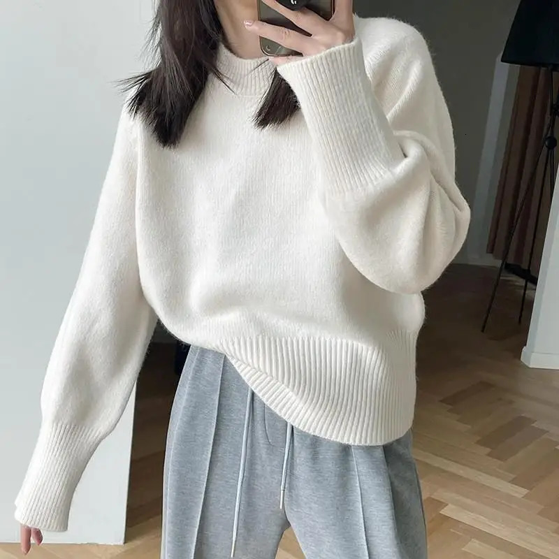 Korean Style Fashion Casual Solid Color Round Neck High Quality Pullover Sweater Retro Elegant Long Sleeved Womens Top 250211