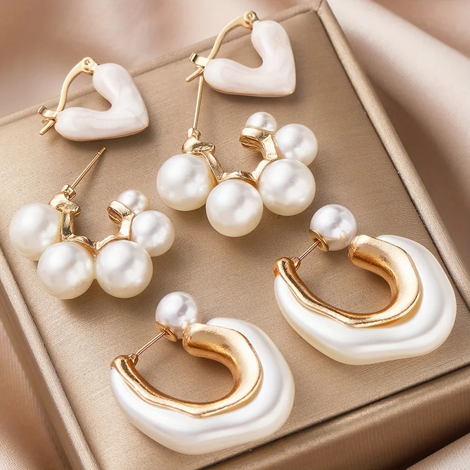 3 Pcs Delicate Pearl Heart n Hoop Earrings Vintage Elegant Style Trendy Female Dating Set Jewelry Gifts 250213