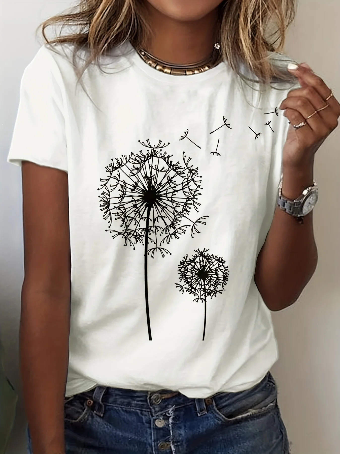 Dandelion Print Crew Neck T-Shirt Casual Short Sleeve Top For Spring Summer Womens Clothing 250217