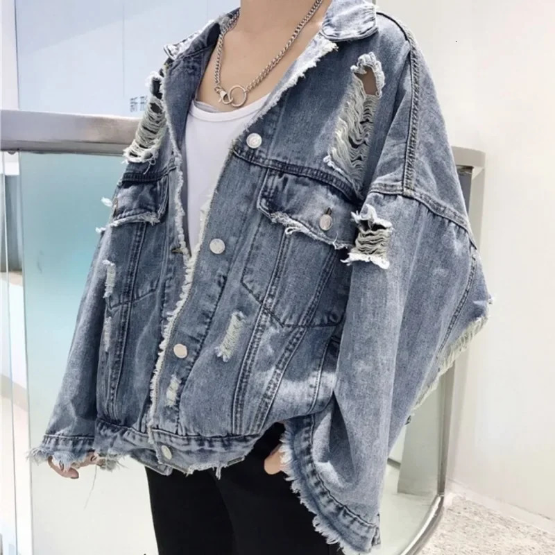 Fashion Blue Ripped Denim Jacket Y2K Distressed Streetwear Hip Hop Broken Hole Jeans Biker Jackets Mens Spring 250210