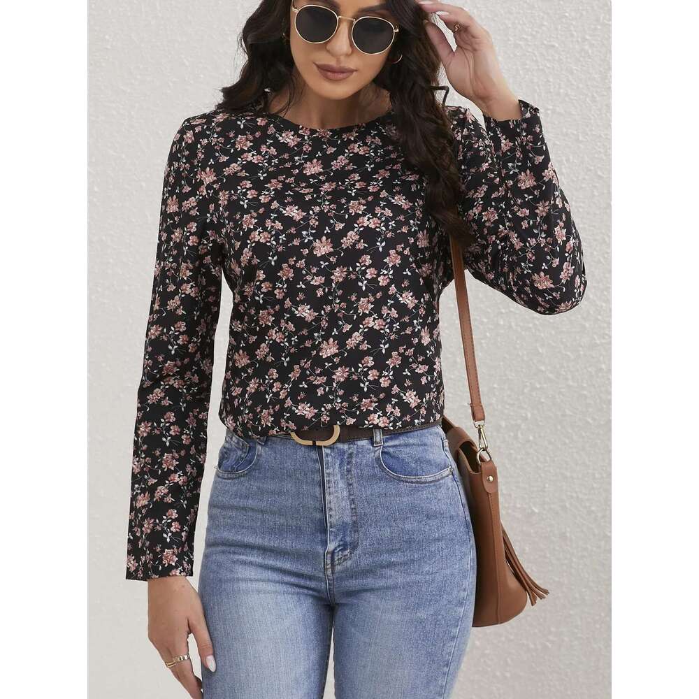 Ladies Ral Print Crew Neck Casual Long Sleeve Blouse Women Tops Shirts