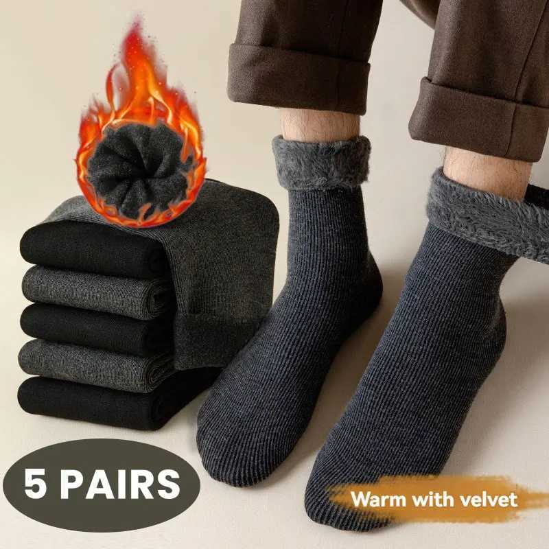 5 Pairs Mens Thick Warm Snow Hiking Socks For Cold Weather Soft Comfortable Long Socks Black Winter W250217