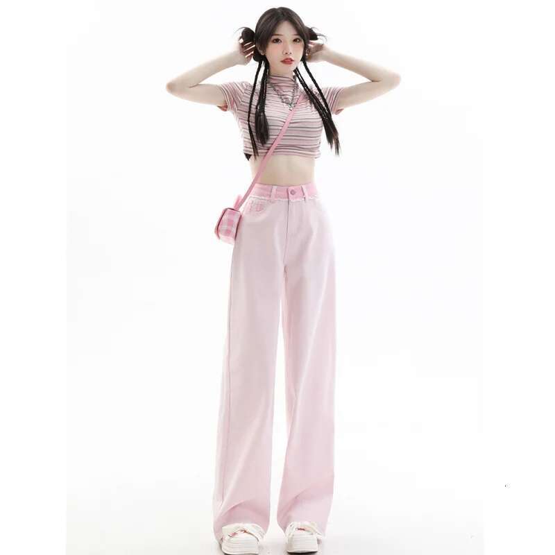 Pink Jeans Women High Waist American Street Y2k Wide Leg Pants Fashion Simple Baggy Vintage 2025 NEW Straight Autumn Trousers