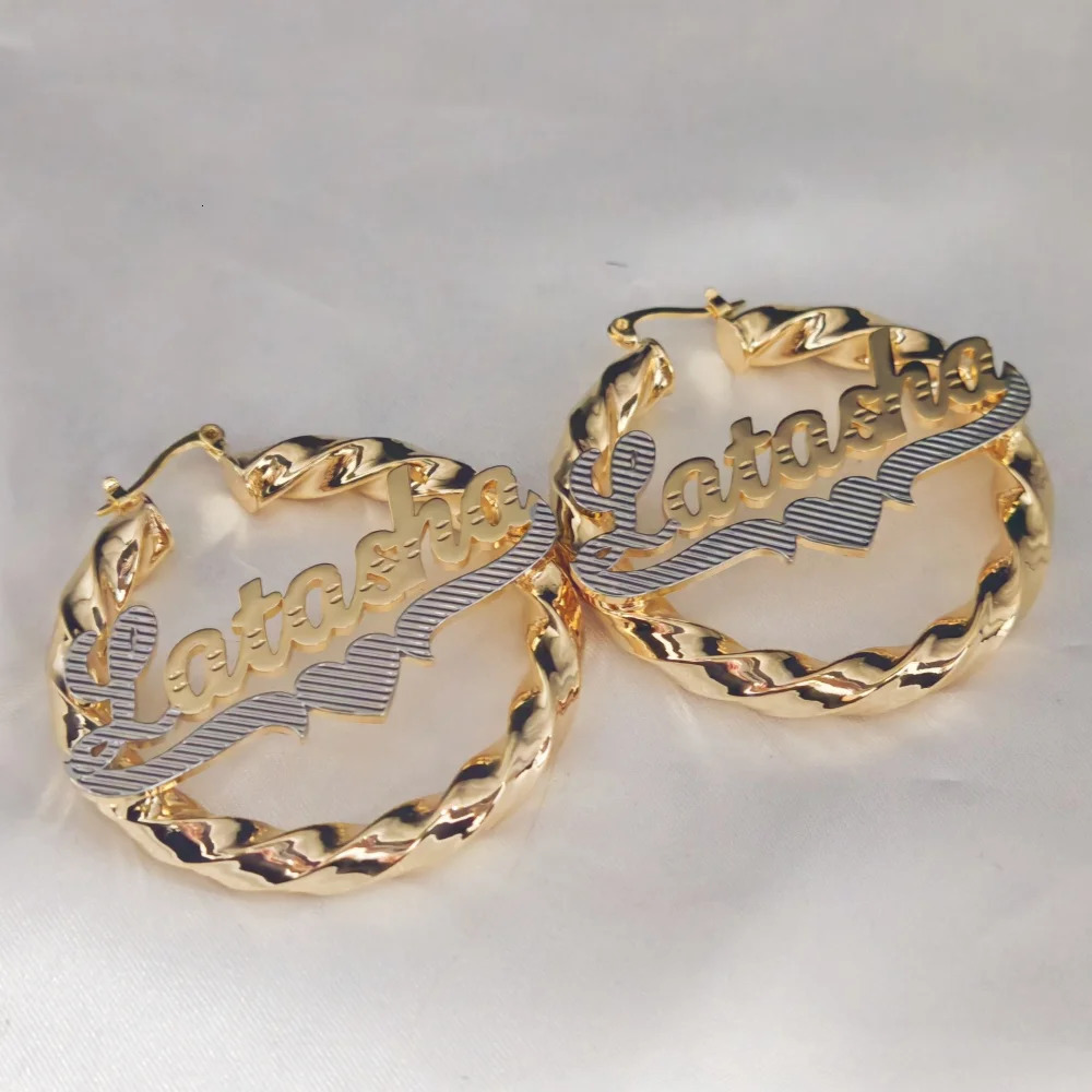 LeeChee Two Color 3D Custom Letter Name 50mm Hoop Earloop Stainless Steel Earrings Jewelry Gift For Women 250214