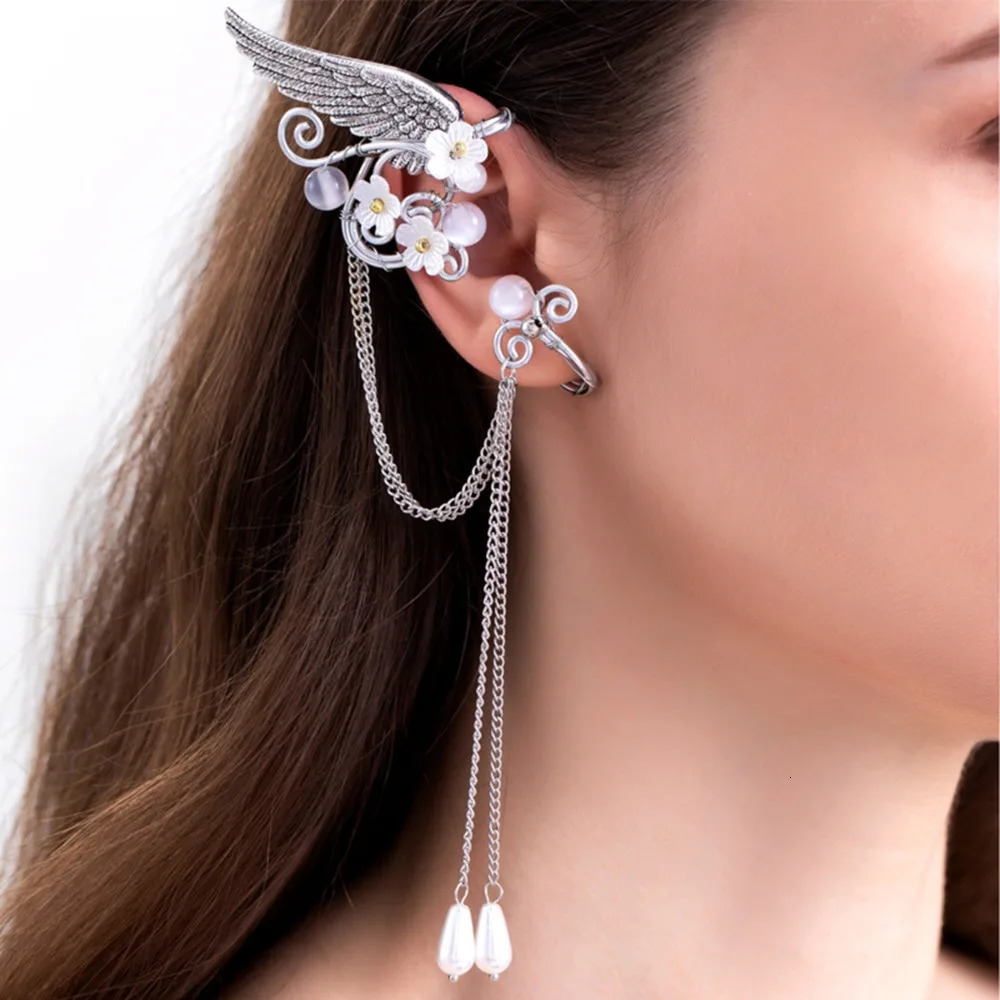 Charm Fairy Long Tassel Elf Ear Cuff Wrap Wings Resin Flowers No Piercing Elven Clip On Earrings For Women Cosplay 250213