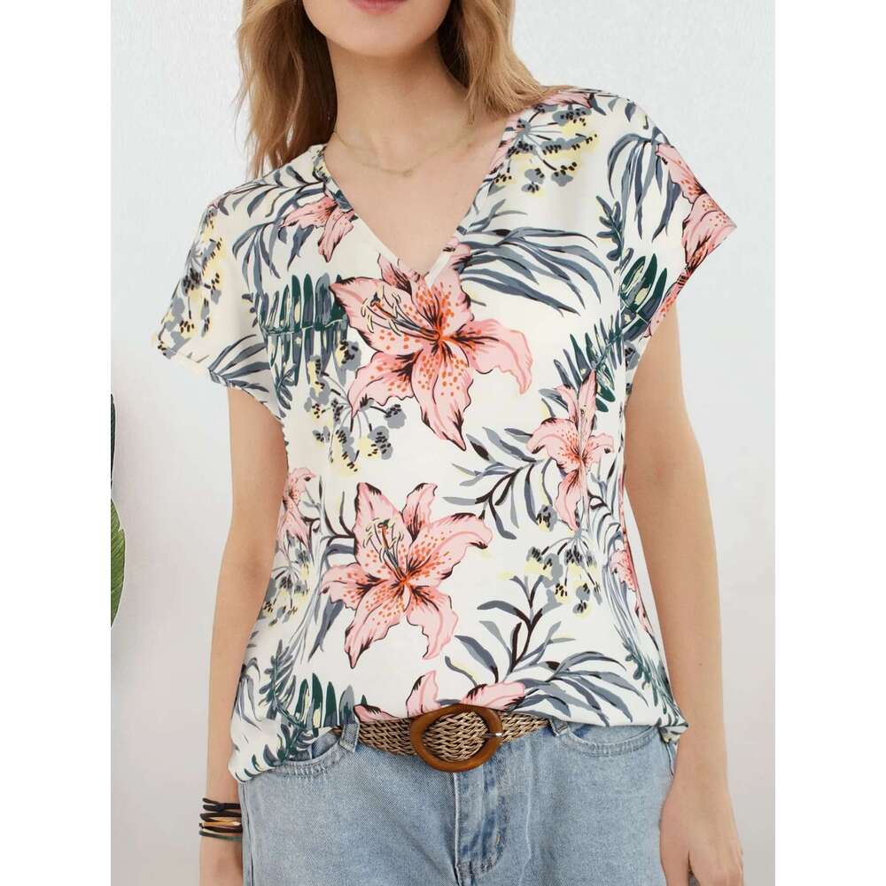 Women All Over Ral Print V Neck Batwing Sleeve Blouse Ladies Tops Shirts
