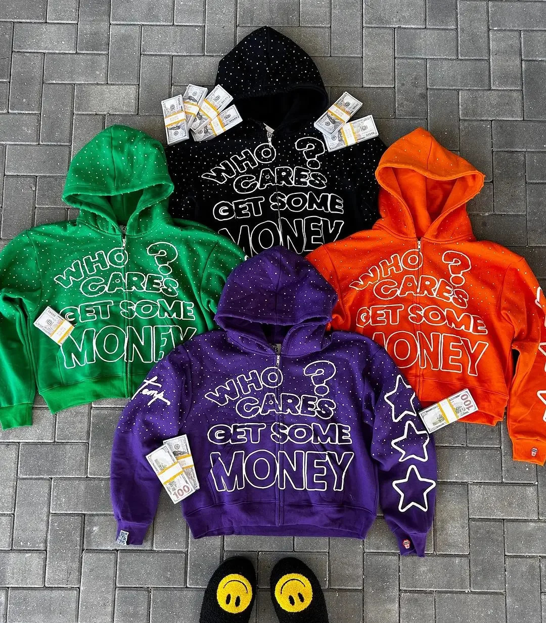 American Trend Who Cares Get Some Money Printed Zipper Sweater Mens and Womens Y2K Harajuku Hip Hop Goth Casual Coat 250214