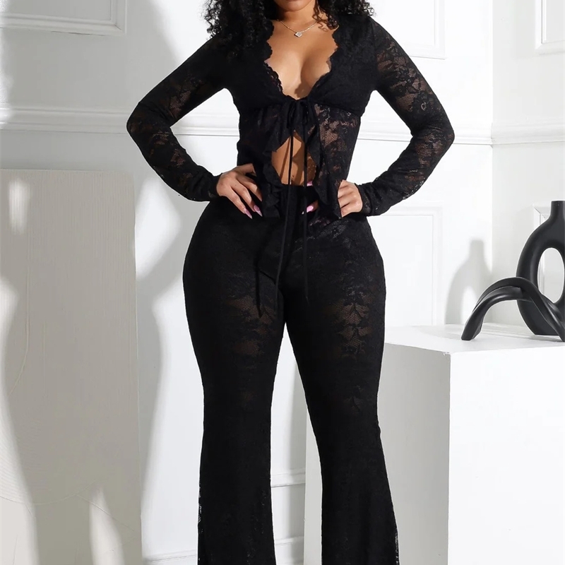 Women Tracksuits Two Pieces Set 2025 New Spring Summer Sexy Lace Up Hollow Cardigan Long Sleeved Lace Shirt Lace Pants