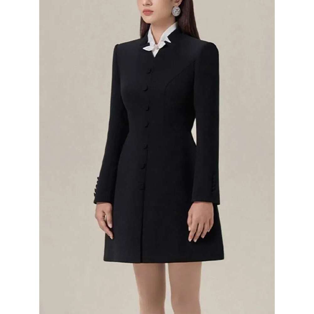 Hit Color Patchwork Bowknot Slimming Dress For Women Stand Collar Long Sleeve High Waist Temperament Dresses Female Fashion