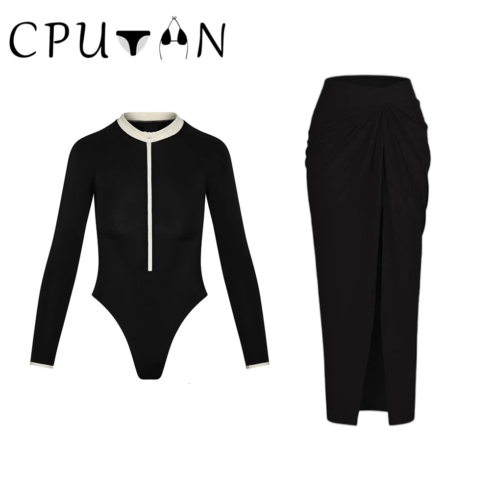 CPUTAN Black White One Piece Swimsuit Long Sleeve Swimwear Women Bathing Suit Retro Vintage Surfing Swimming Skirt 250214