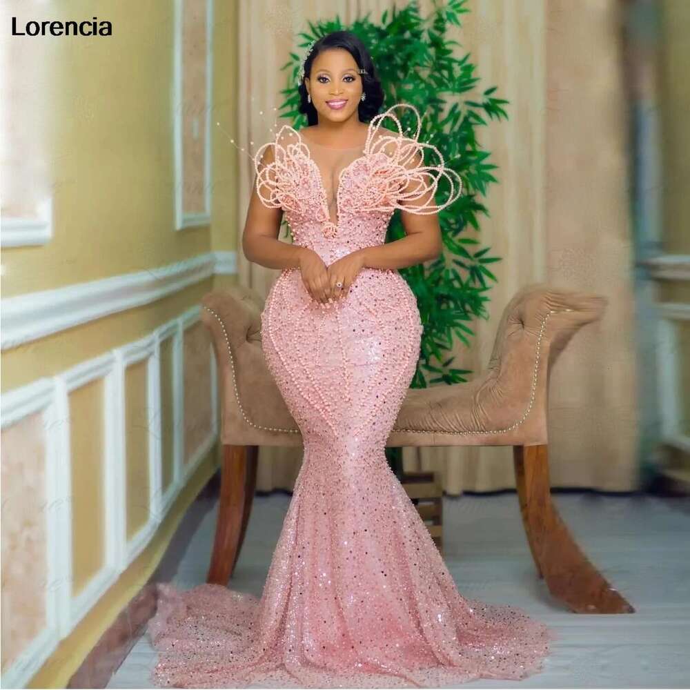 Pink Customized Sequin Beaded Mermaid Prom African Women D Pearls Party Dress Aso Ebi Evening Gown Robe De Soiree YPD ress e YP