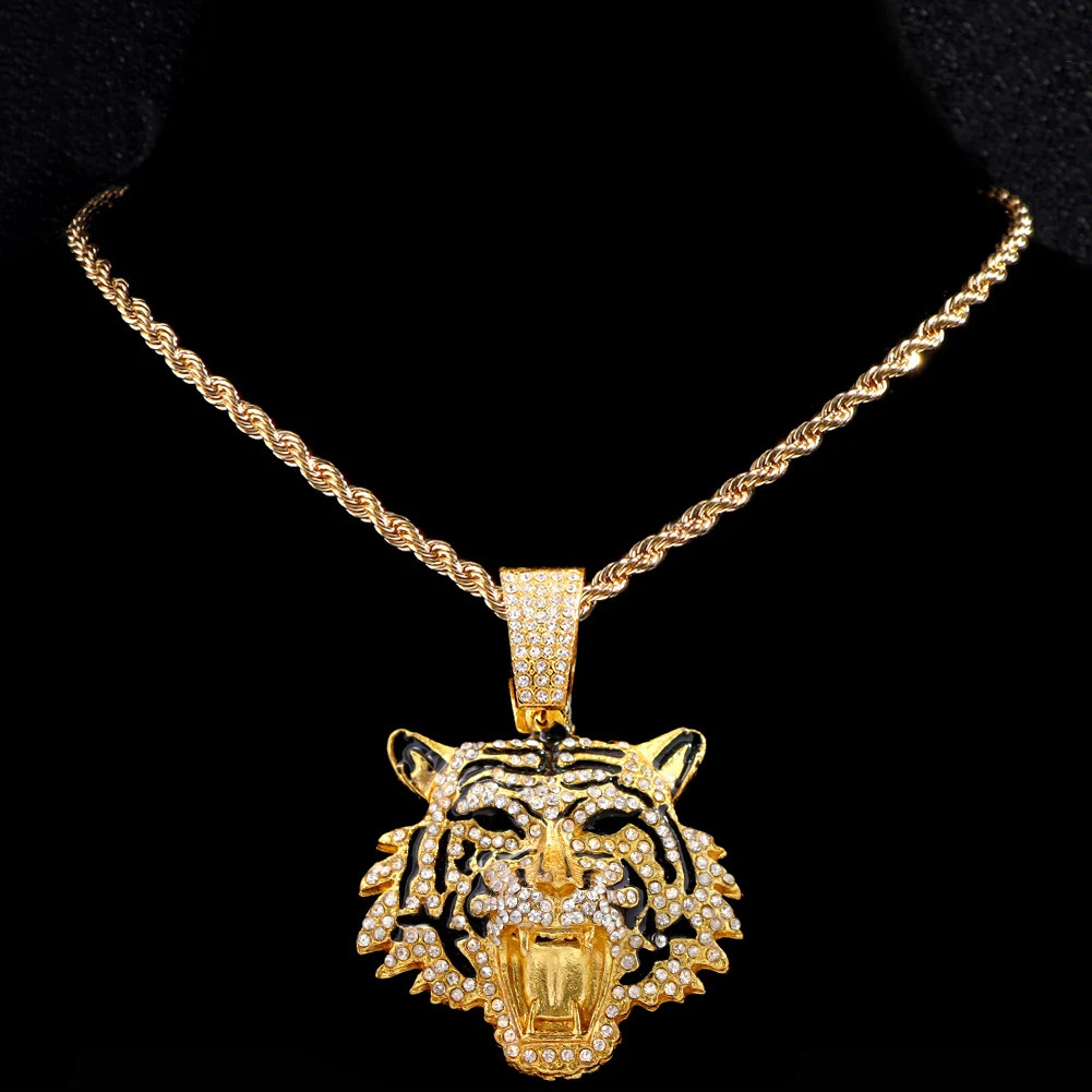 HipHop Tiger Pendant Necklace for Men Women Iced Out Cuban Link Chains Crystal Cuban CZ Stainless steel Necklaces Jewelry 250213