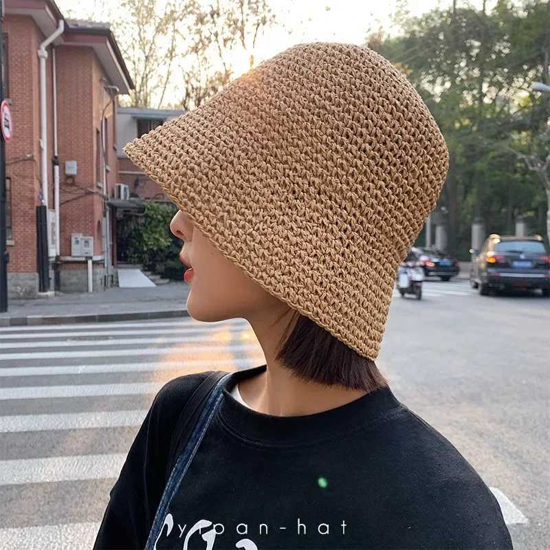 Beach Korean Straw Hat Summer Women Visor Bucket Hat Fisherman Hat Hand Weaving Panama Girl Fishing Chapeau Sun Hats for Women W250217