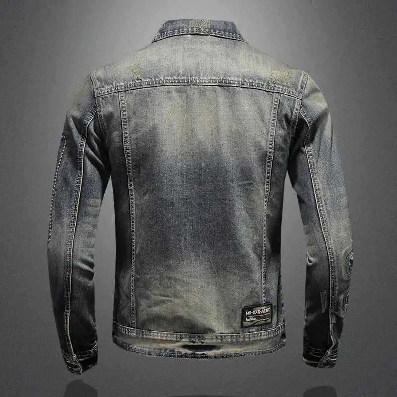 mens denim jacket retro trend loose casual handsome streetwear high street fashion hole Slim lapel w250210