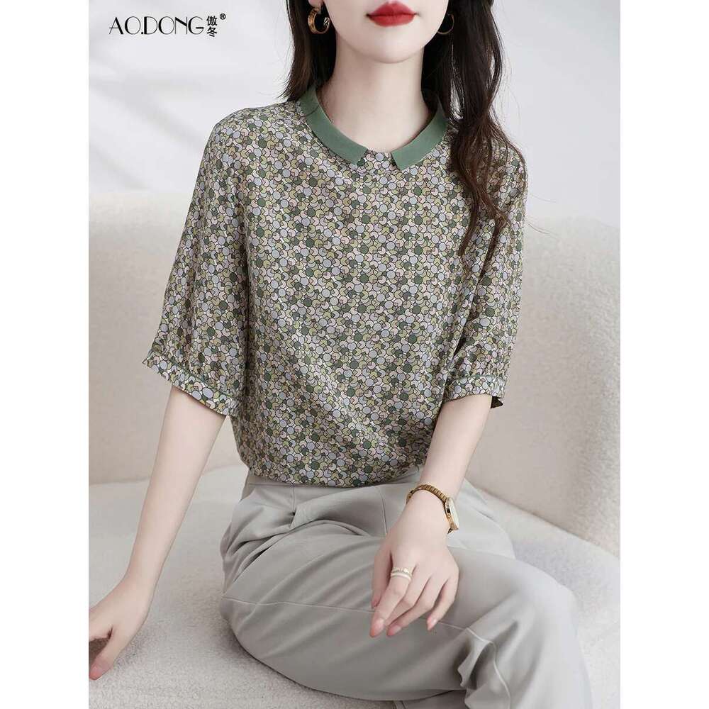 Women's top with half sleeves, fashionable mulberry silk design, waist cinching print, trendy small shirt, stylish summer