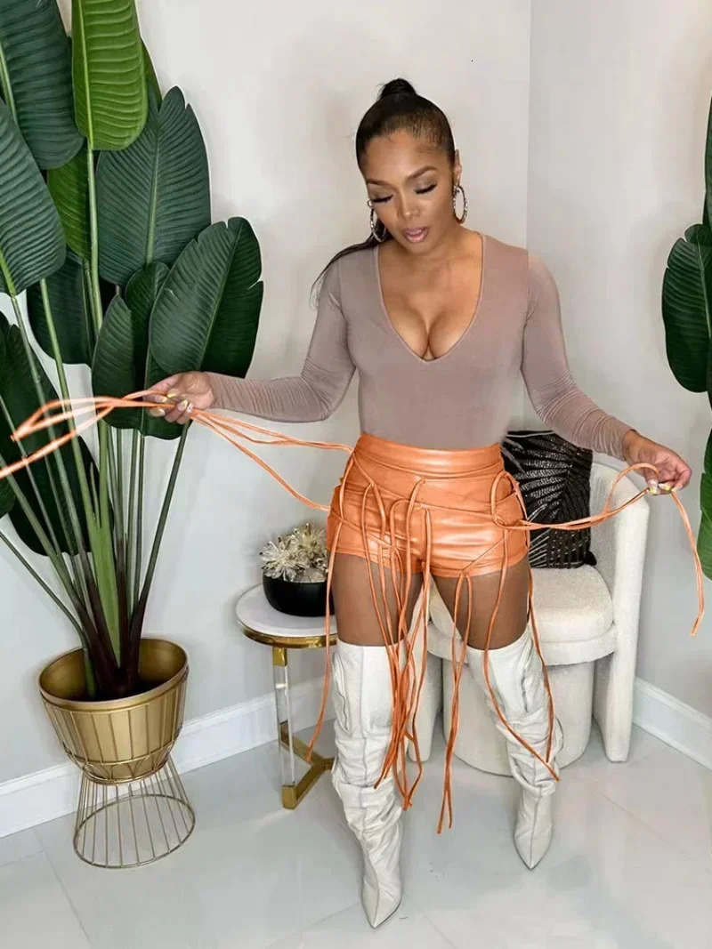 KEXU Sexy PU Leather Rope Tassle Decoration Bodycon Shorts Streetwear Fashion Clothes Club High Waist Women 250213