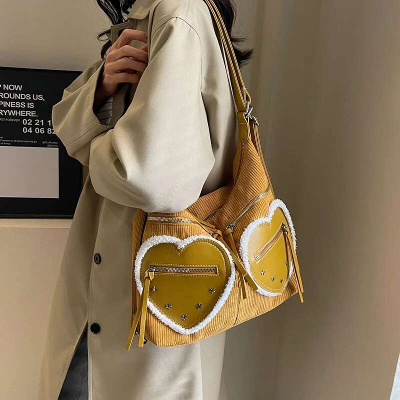 Large Capacity Corduroy Shoulder Bags Backpack Fashion Heart Pocket Messenger Bag Solid Color Purse Handbag Totes 2024
