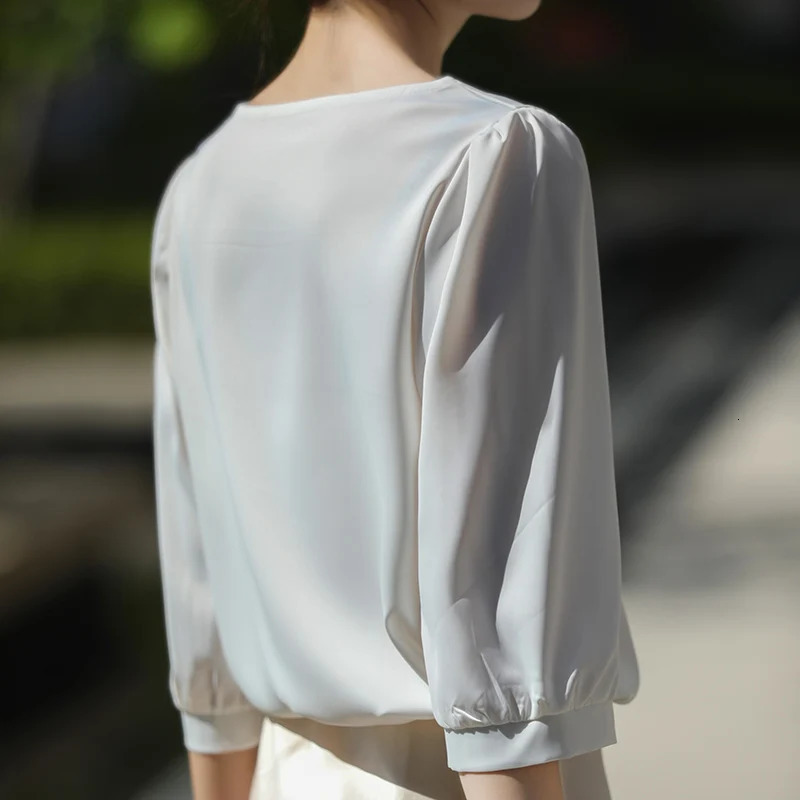 Summer Female T-shirts Three Quarter Sleeve Women Square Collar Solid Color Fashion Tees O-Neck Casual Loose T Shirt Oversized 250217