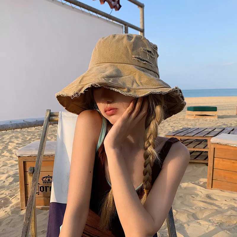 New Summer Autumn Tassel Washed Denim Bucket Hats Fashion for Women Wide Brim Foldable Panama Cap Outdoor Beach Fishermans Hat W250217