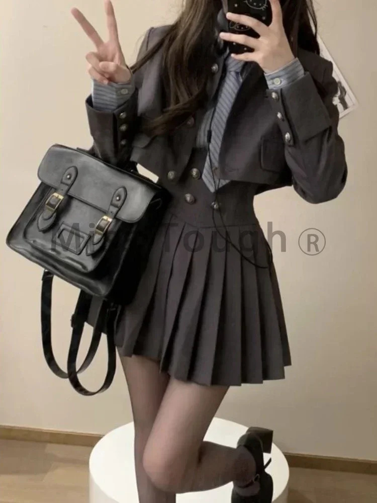 Winter Vintage 3 Piece Set Women Patchwork Kawaii Skirt Suit Female Korean Fashion Short CoatPleated SkirtStriped Shirt 250210