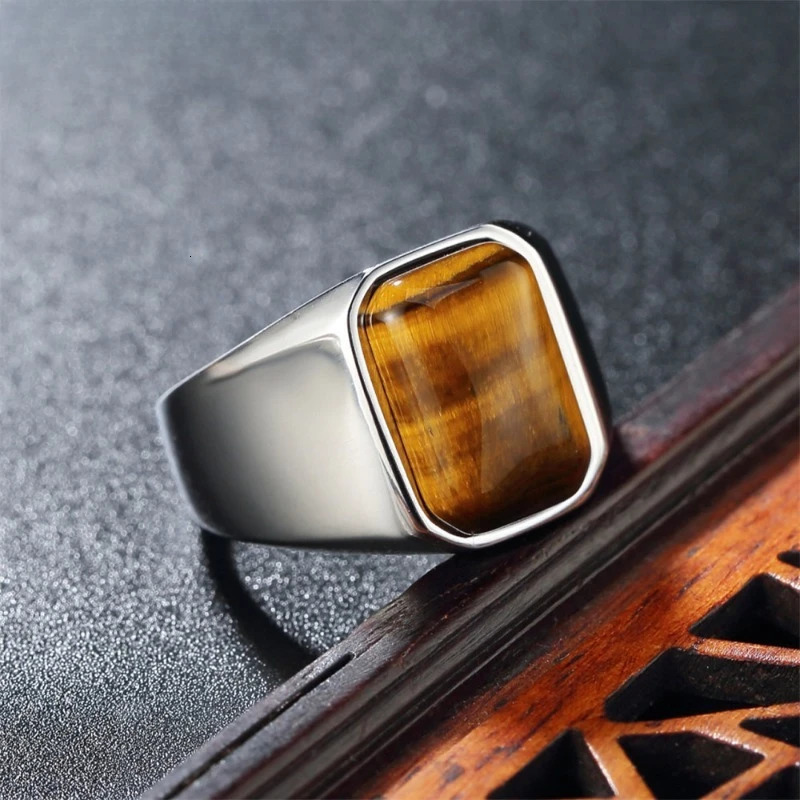 Tiger Eye Natural Stone 7-12 Size Steel Splicing Rings Fashionable Simple Atmosphere Men Charm Thumb Ring Jewelry 250213