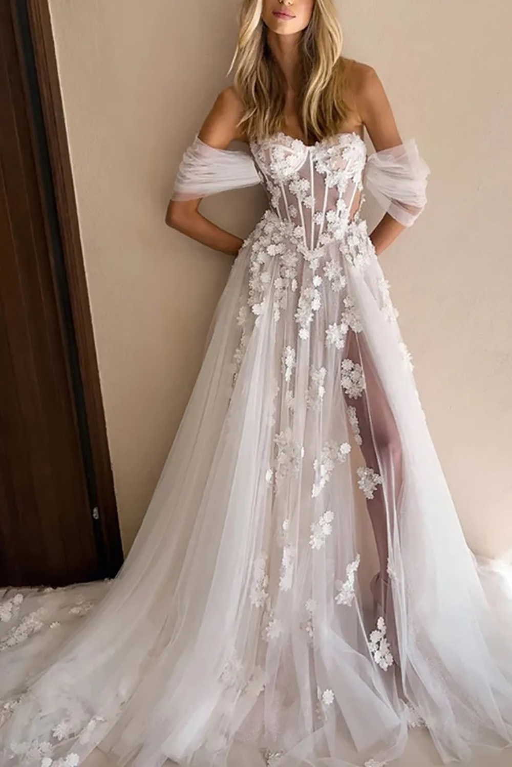 White Off The Shoulder Lace A-Line Wedding Dress Beach Women Illusion Back Appliques V-Neck A-Line Bridal Gown Tulle Vestidos