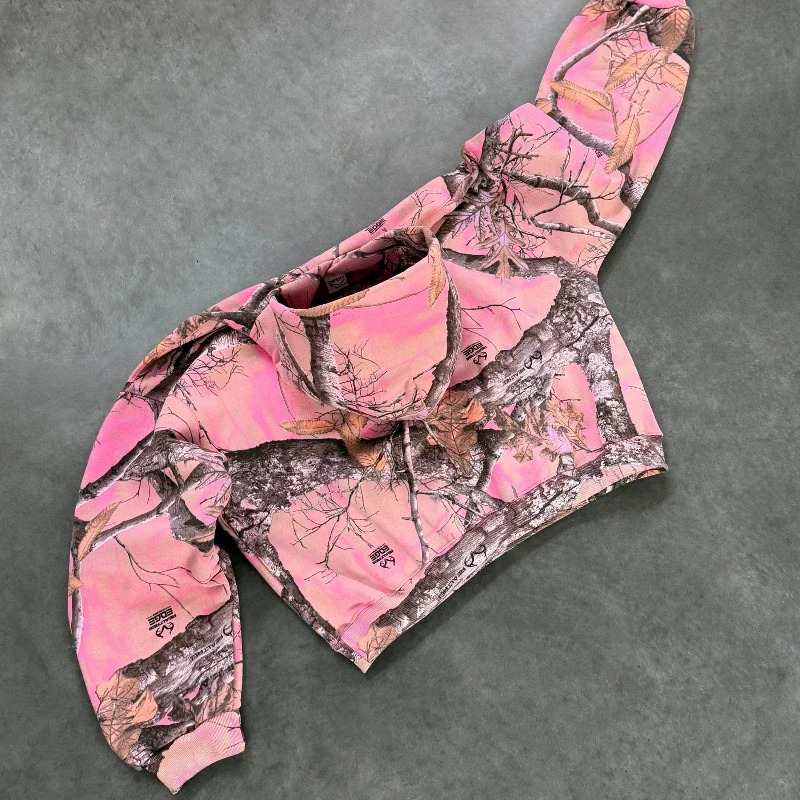 Y2K Retro Hoodie Pink Camouflage Print Pattern Sweatshirt Streetwear Men Women Harajuku Trendy Branch Camo Unisex Boxy Clothing 250213