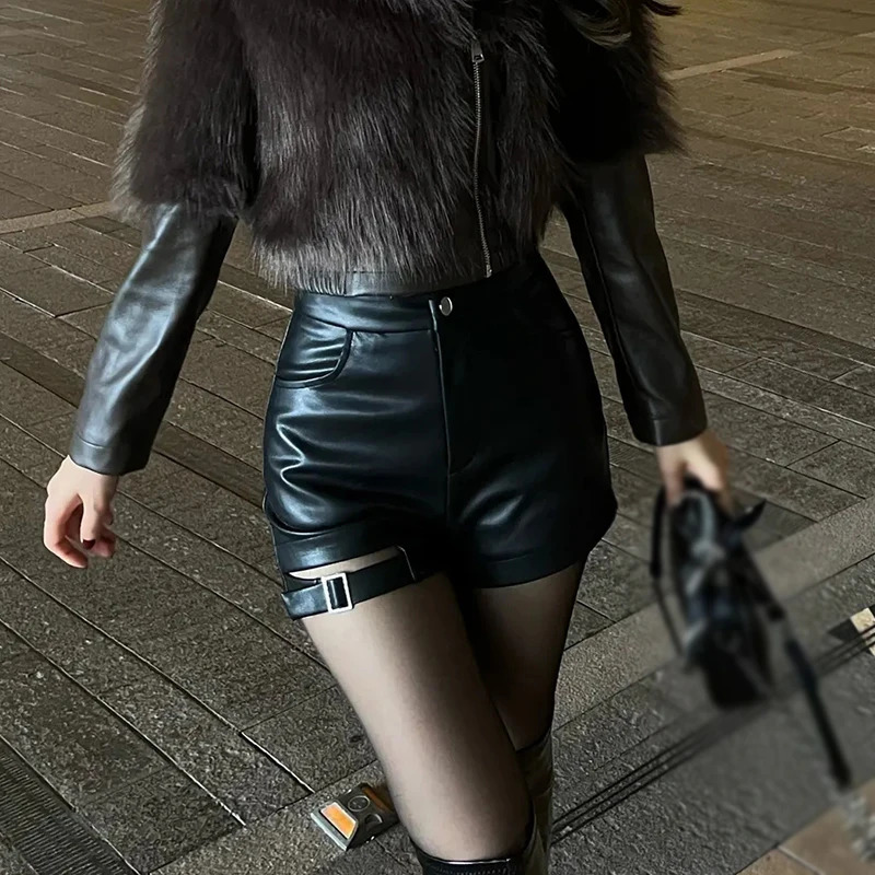 Womens High Waist Shorts Waisted PU Leather Versatile Hollow out Buckle Slim Sexy 250213