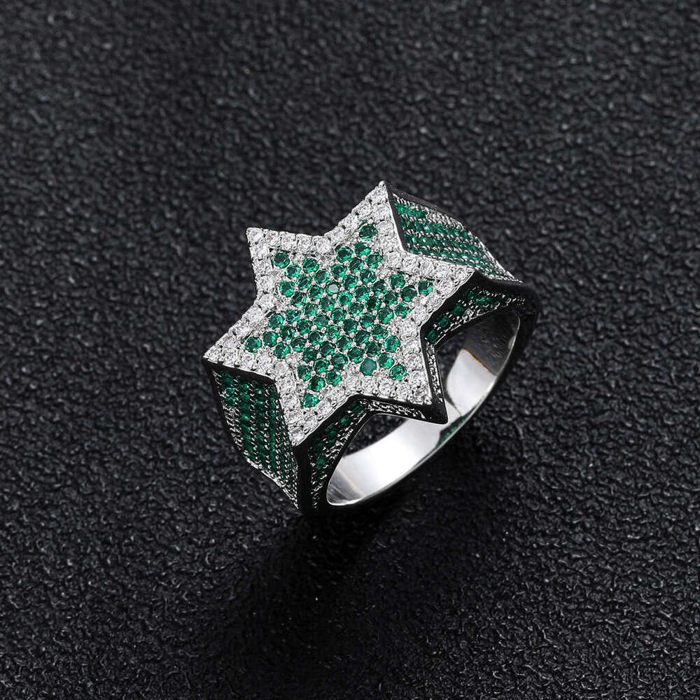 Green Five pointed Star Hexagonal Ring Moissanite Personalized Men's Hip Hop Accessories