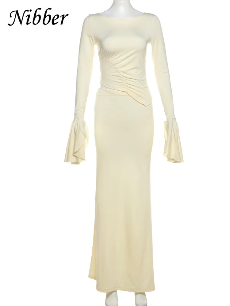 Nibber Elegant 2 Piece Set Women Autumn Flared Long sleeve Pleats Asymmetry Hem TopSkinny Stretch Straight Skirt Solid Suit 250214