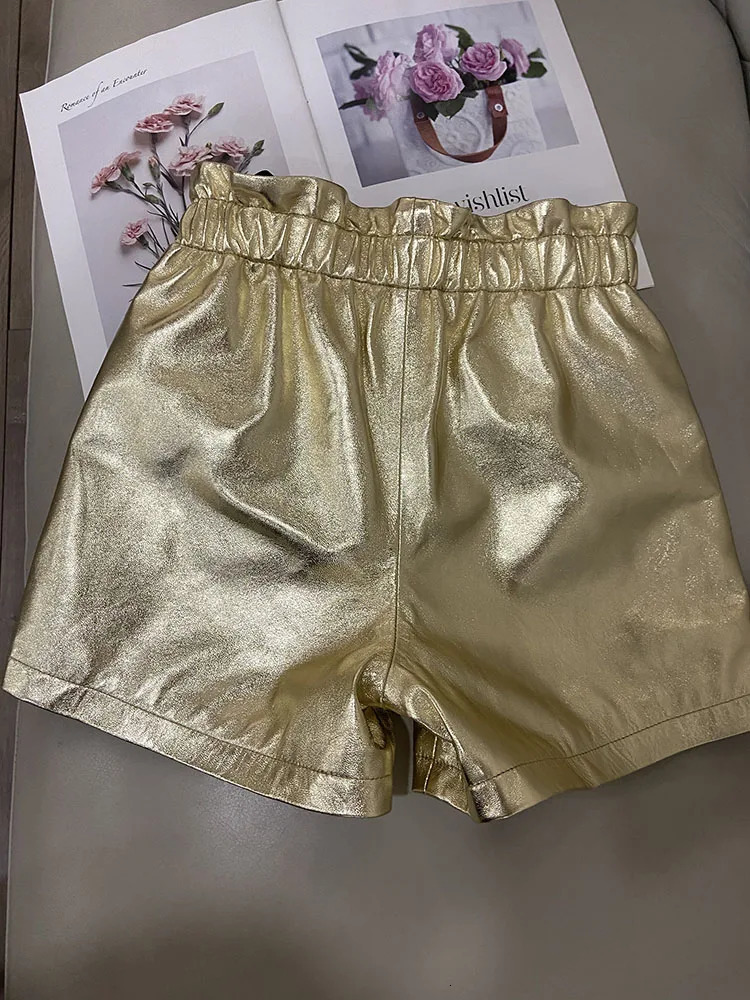 Leather Short Genuine 2024 Y2K Fashion Summmer Pants High Waist Shinny Golden Shorts 250213